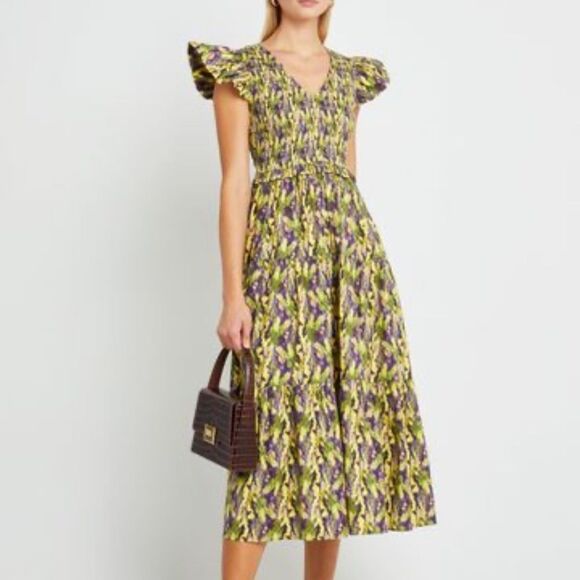 O.P.T  Midi Dress Smock Floral Watercolor Yellow Purple V-Neck Size Small - Picture 1 of 11